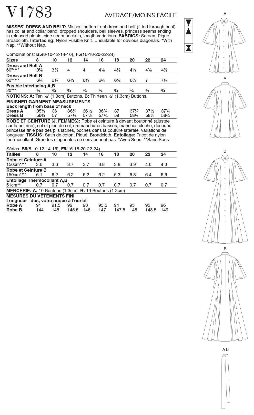 Vogue Pattern V1783 Misses Dress & Belt