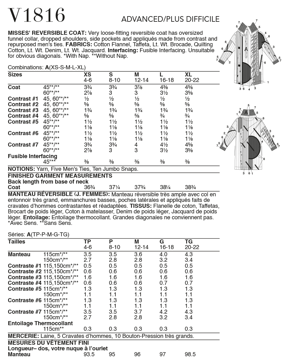 Voguepattern V1816  Misses' Reversible Coat