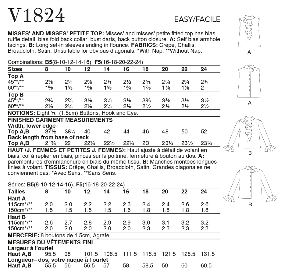 Voguepattern V1824  Misses' and Misses' Petite Top