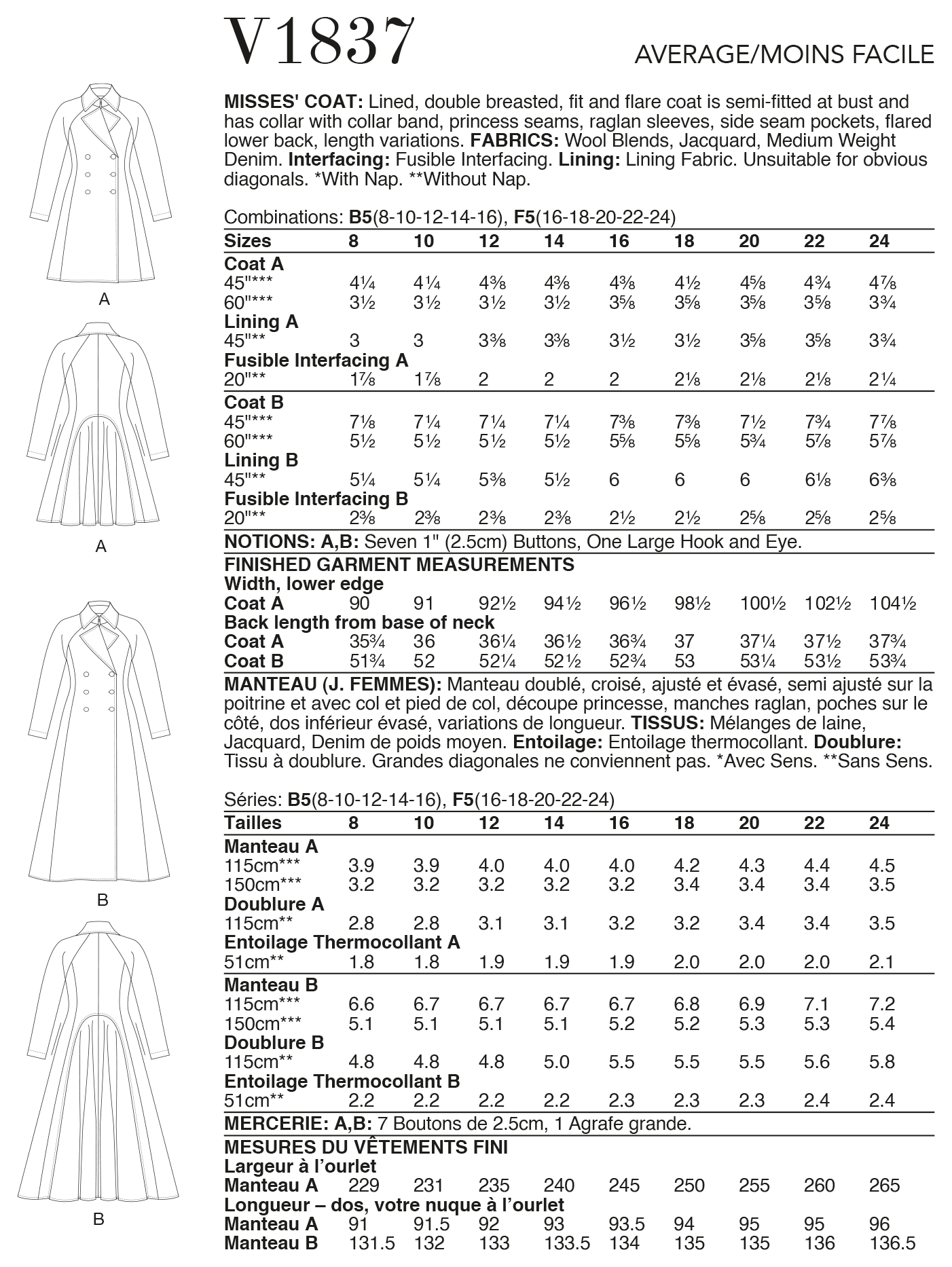 Vogue Pattern V1837 Misses' Coat