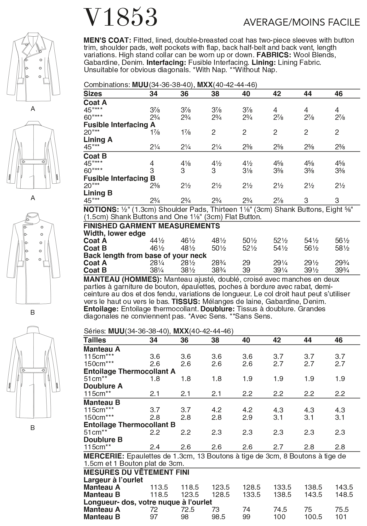 Vogue V1853 Men's Coat