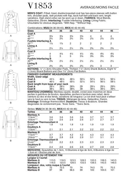 Vogue V1853 Men's Coat