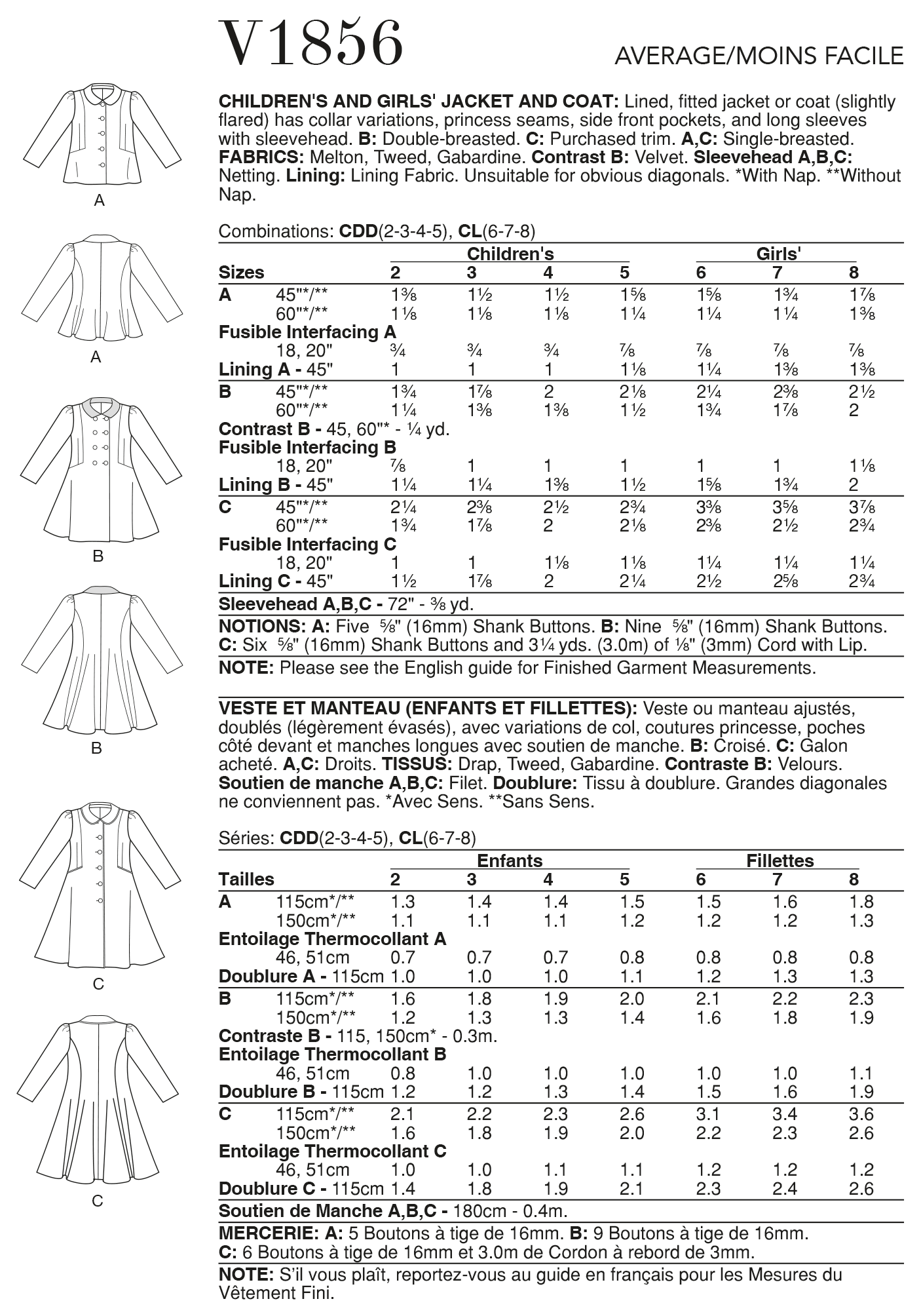 Vogue V1856 Child/Girl Jacket & Coat