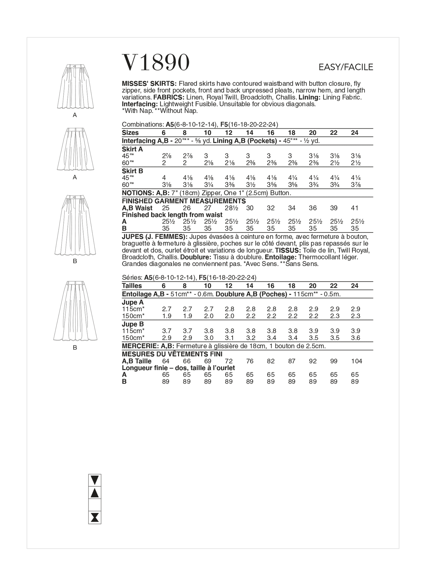 Vogue Pattern V1890 Misses' Skirts