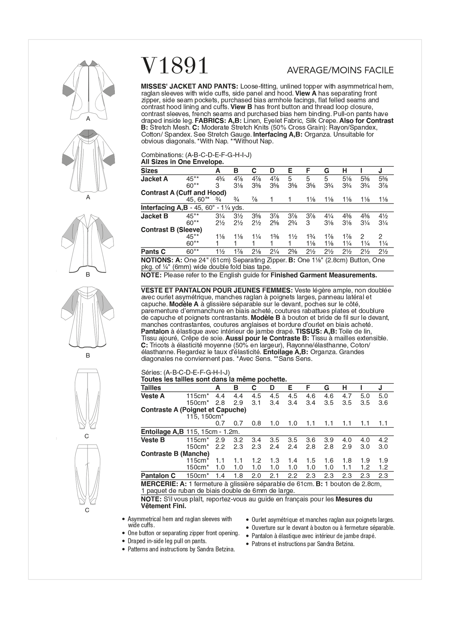 Vogue Pattern V1891 Misses' Jacket and Pants by Sandra Betzina