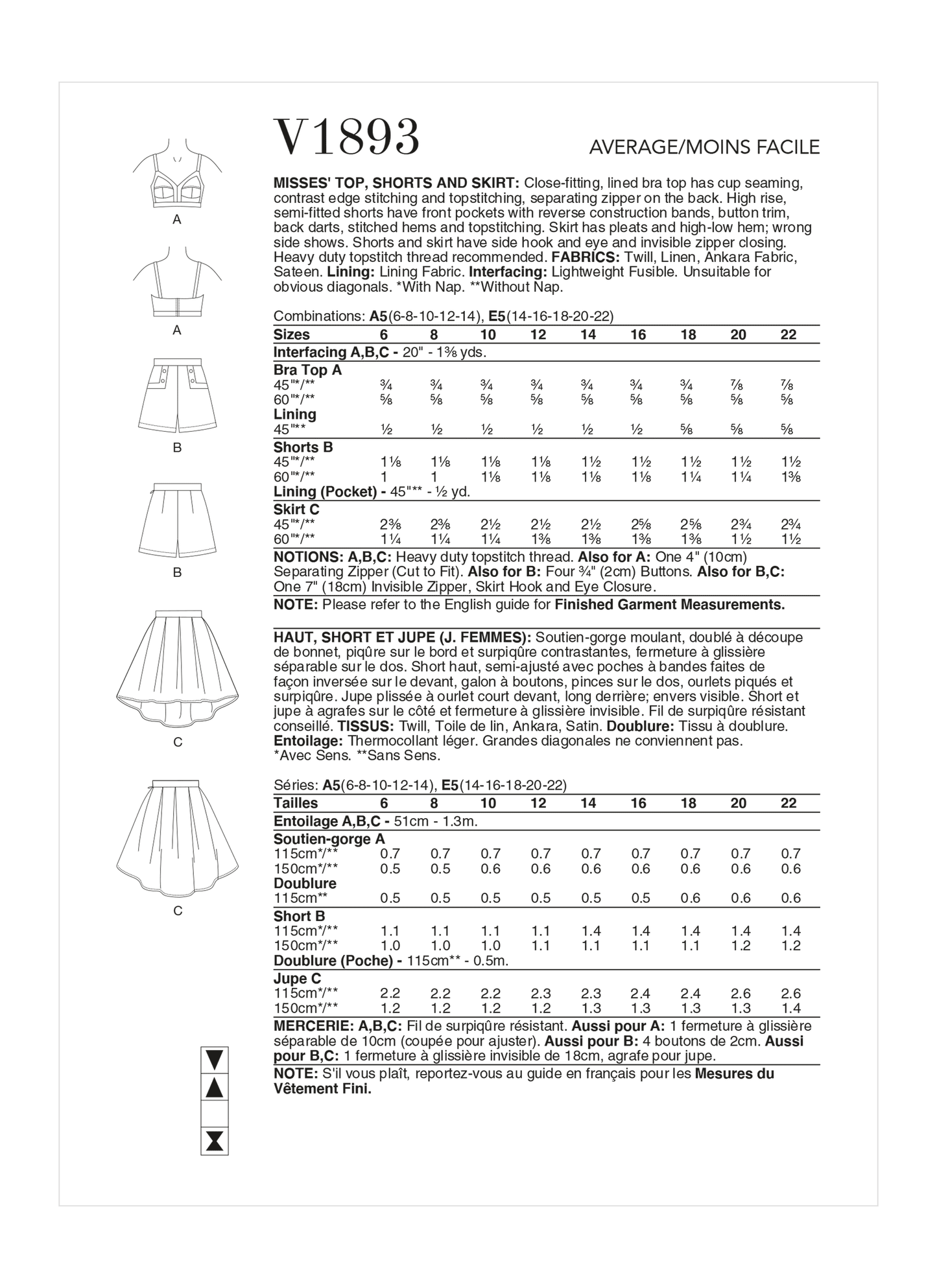 Vogue Pattern V1893 Misses' Top, Shorts and Skirt