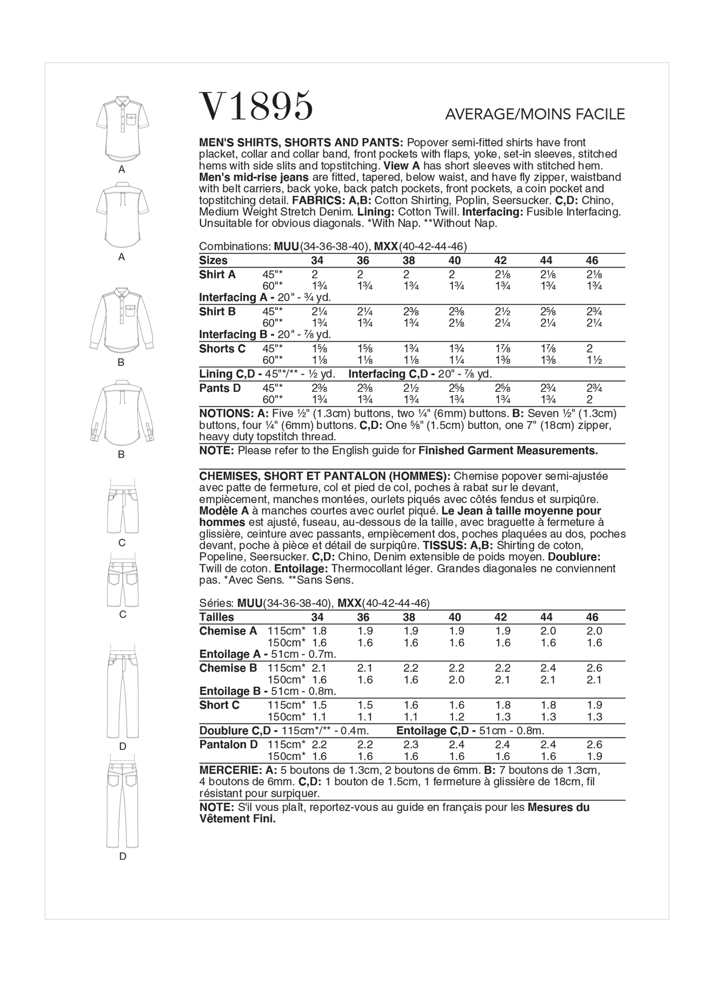 Vogue Pattern V1895 Men's Shirts, Shorts and Pants