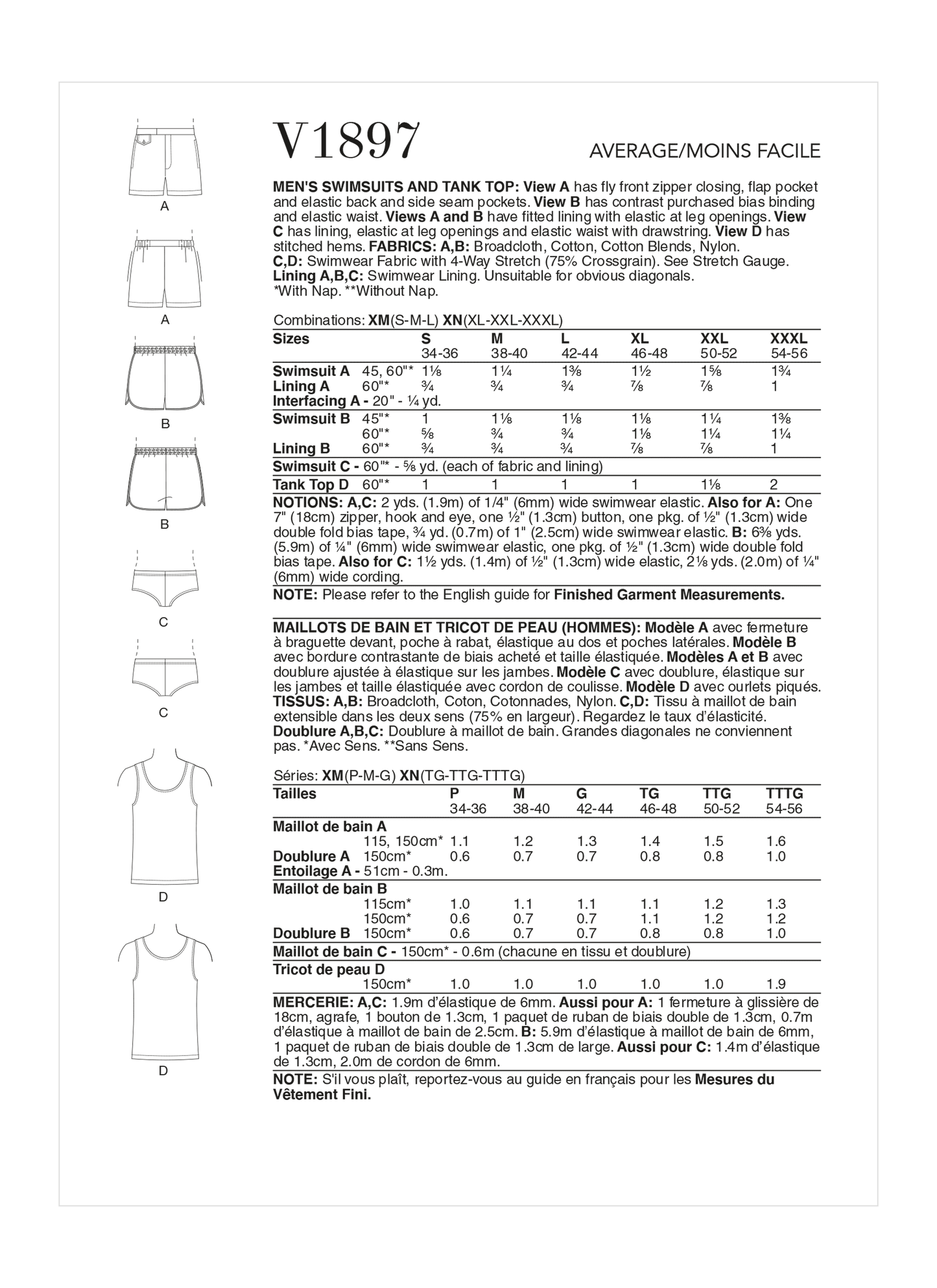 Vogue Pattern V1897 Men's Swimsuits and Tank Top