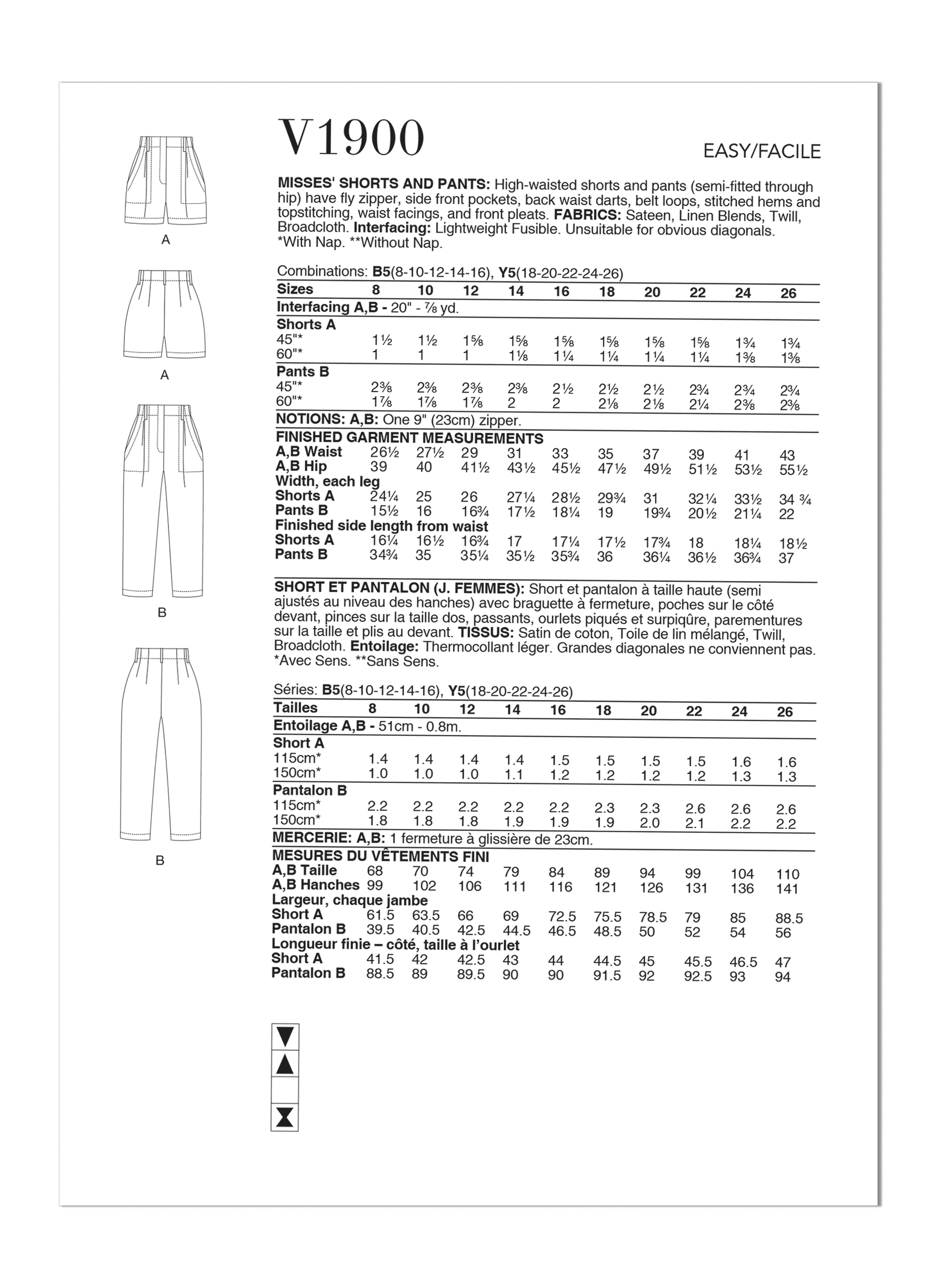 Vogue Pattern V1900 Misses' Shorts & Pants