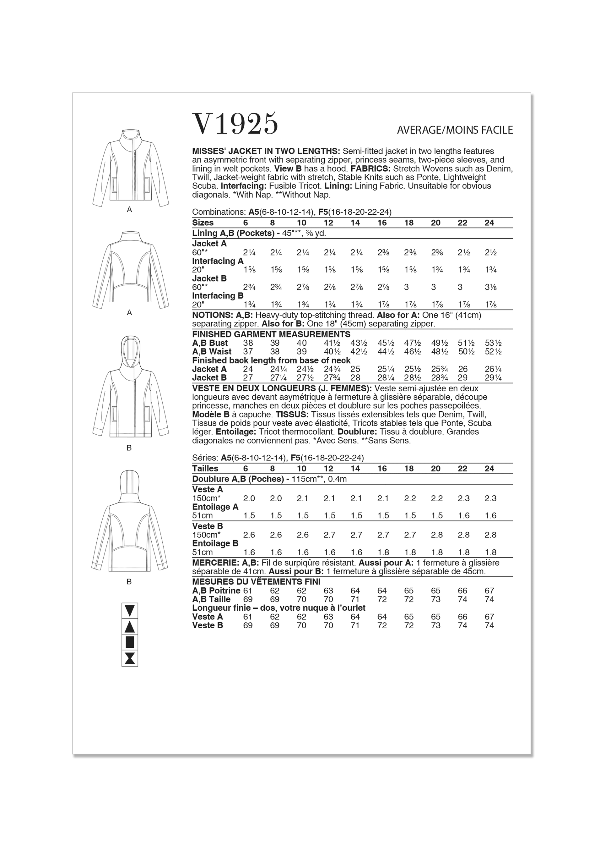 Vogue V1925 Misses' Jacket Two Lengths