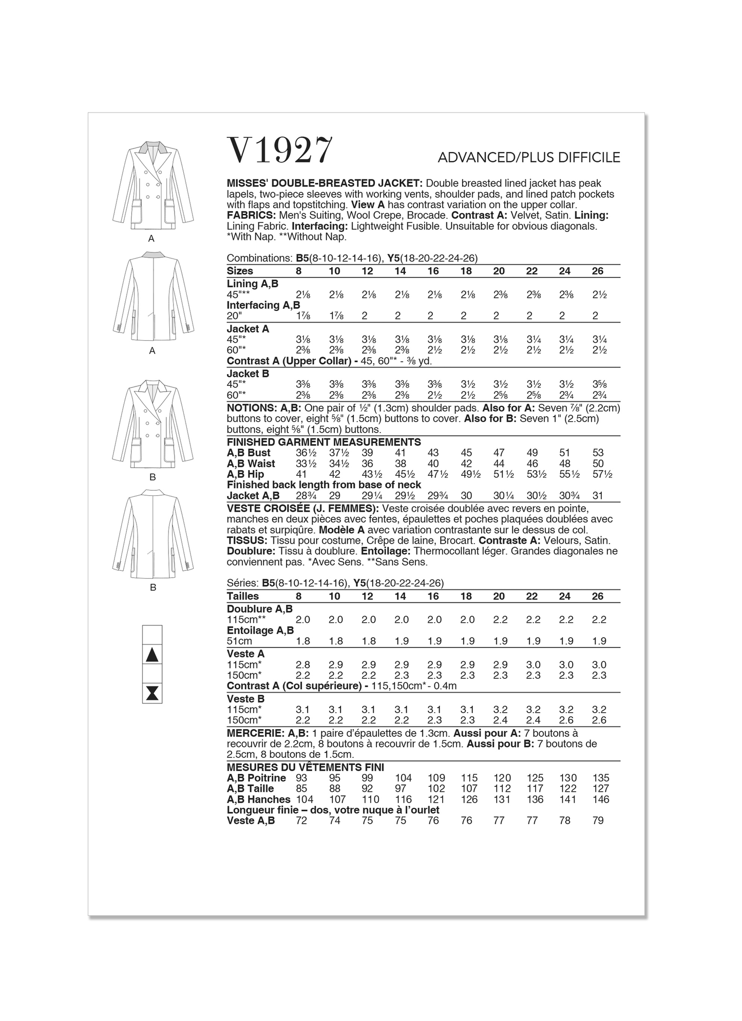 Vogue V1927 Misses' Double-Breasted Jacket