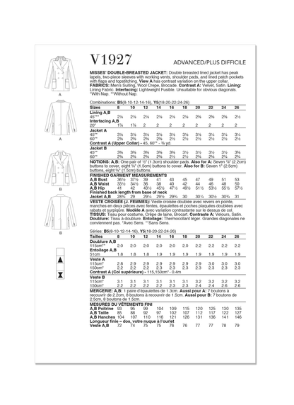 Vogue V1927 Misses' Double-Breasted Jacket