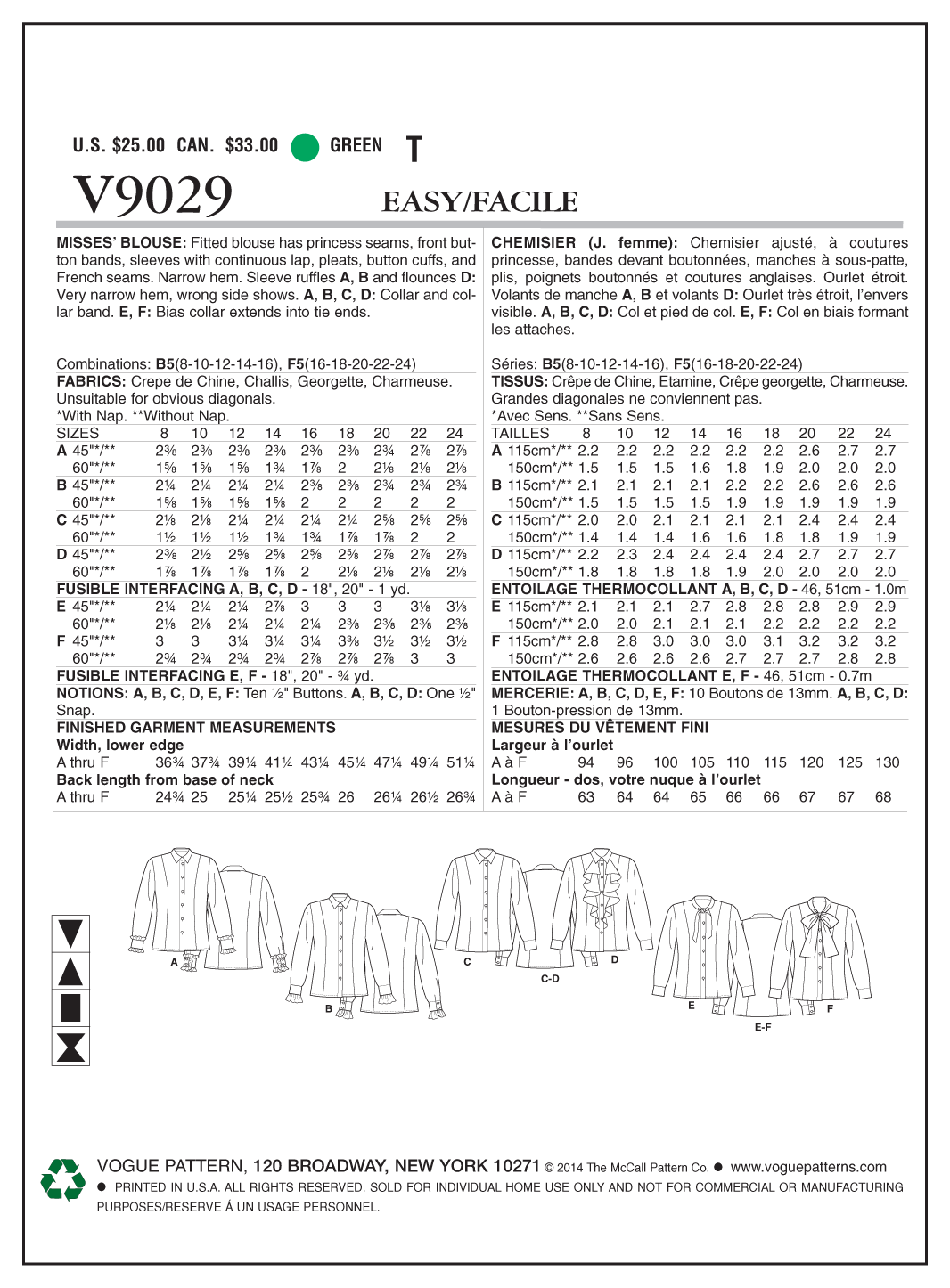 Voguepattern V9029 Misses' Blouse