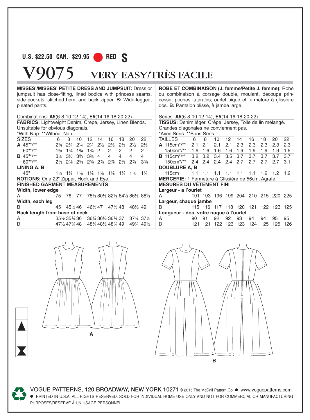 Vogue Pattern V9075 Misses'/Misses' Petite Dress and Jumpsuit