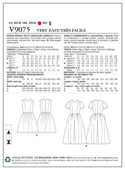 Vogue Pattern V9075 Misses'/Misses' Petite Dress and Jumpsuit