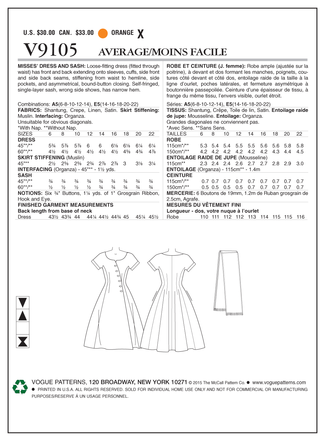 Vogue Pattern V9105 Misses' Dress and Sash