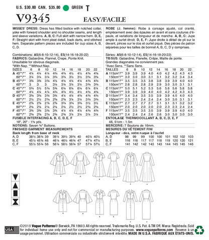 Vogue Pattern V9345 Misses' Dress