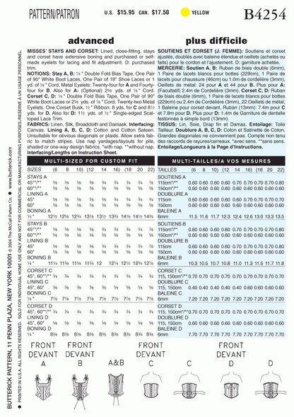 Butterick Pattern B4254 Misses' Stays and Corsets