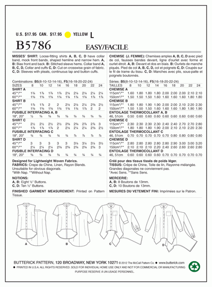 Butterick Pattern B5786 Misses' Shirt