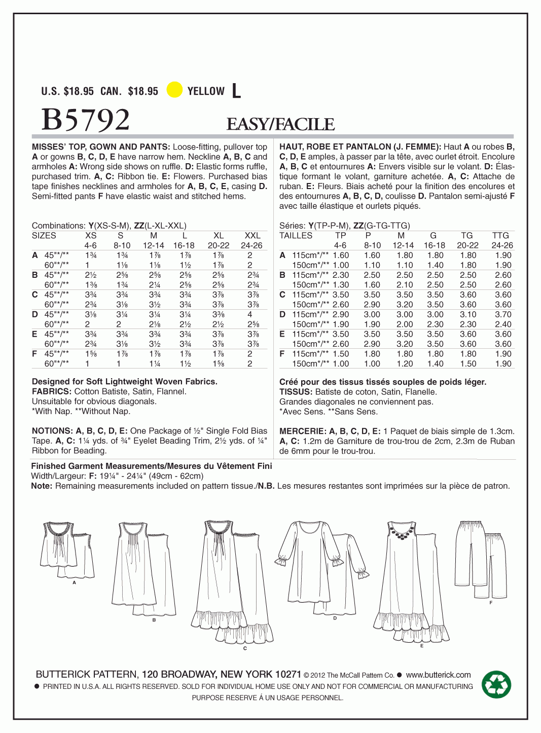 Butterick Pattern B5792 Misses' Top, Gown and Pants