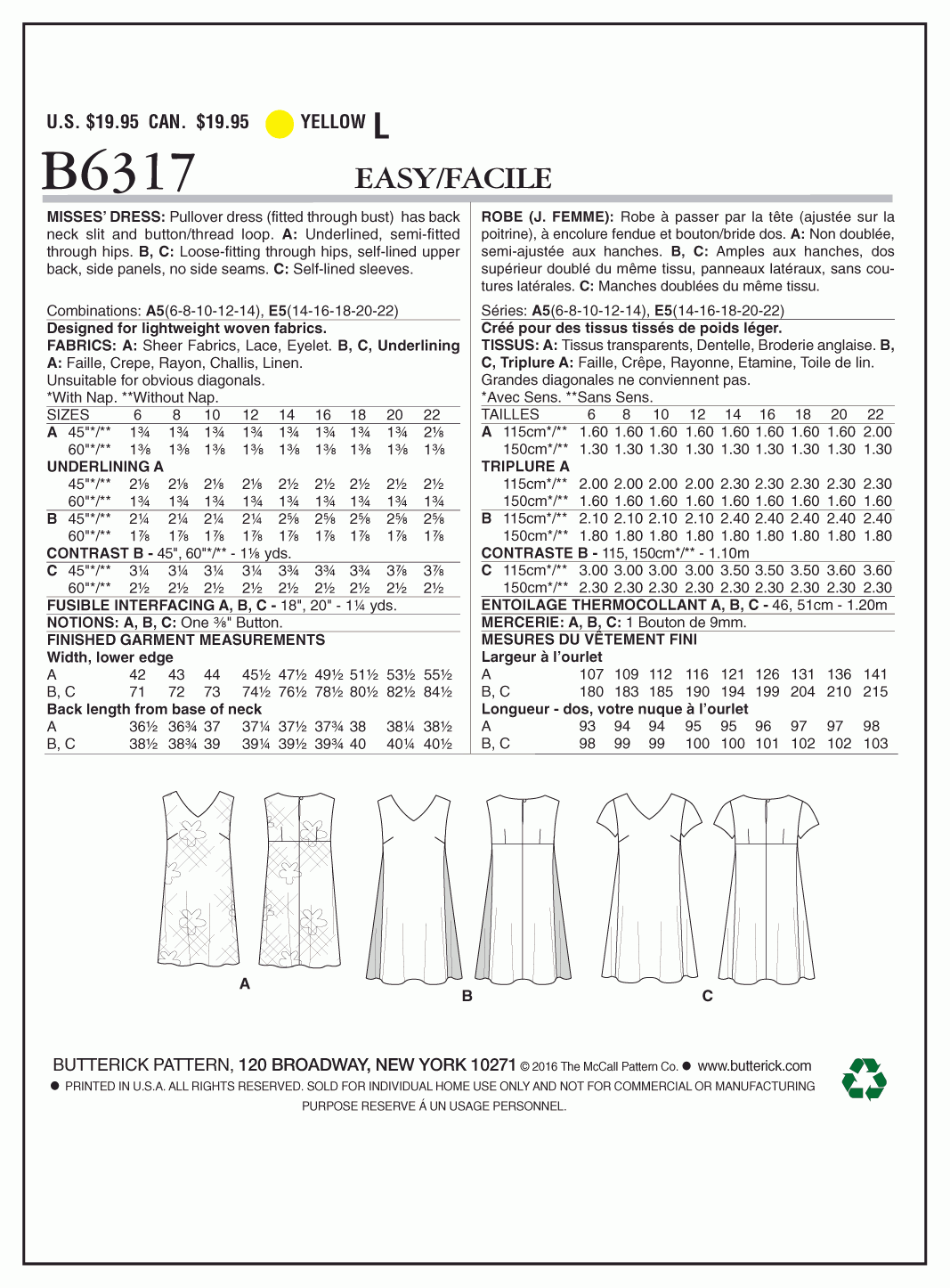 Butterick Pattern B6317 Misses' Pullover V-Neck Dresses