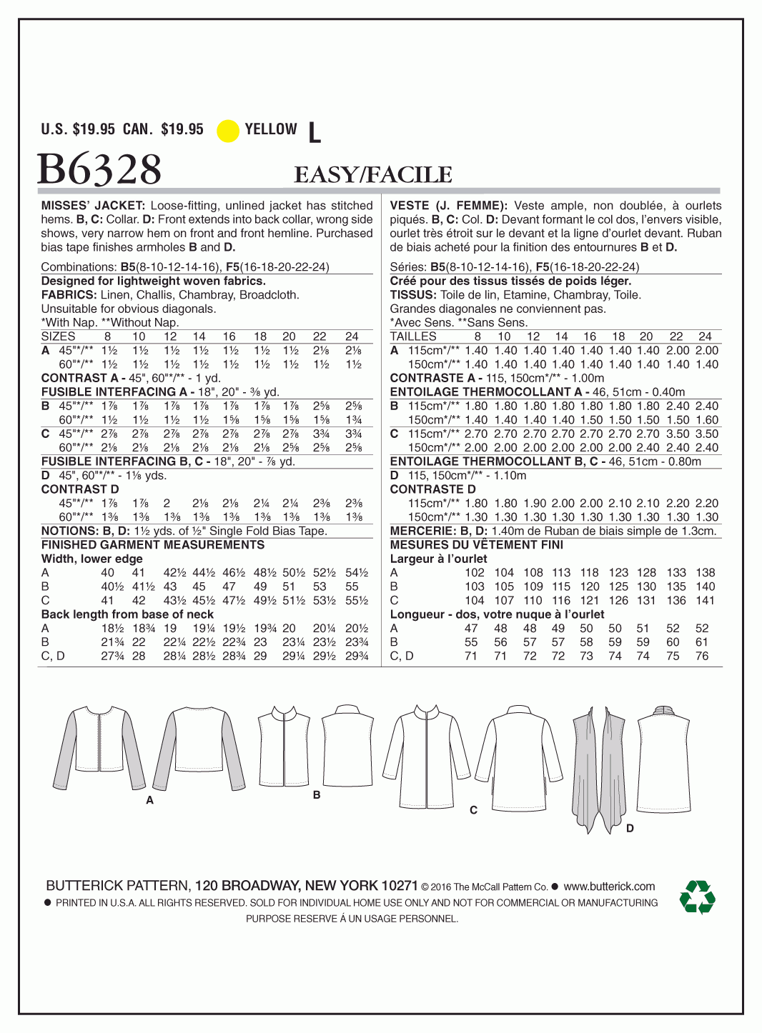 Butterick Pattern B6328 Misses' Open-Front Jackets