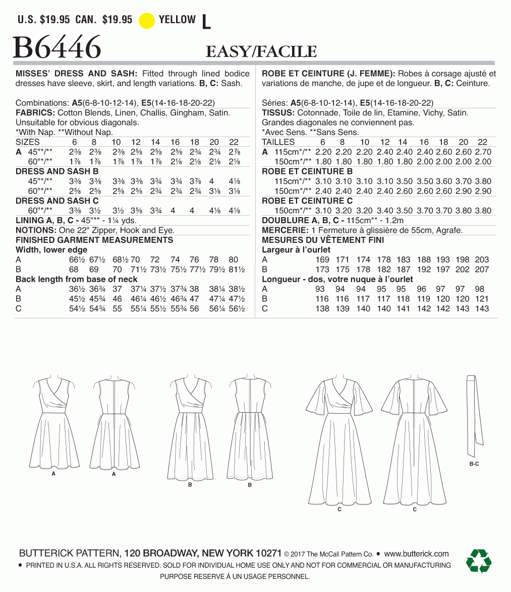 Butterick Pattern B6446 Misses' Pleated Wrap Dresses with Sash