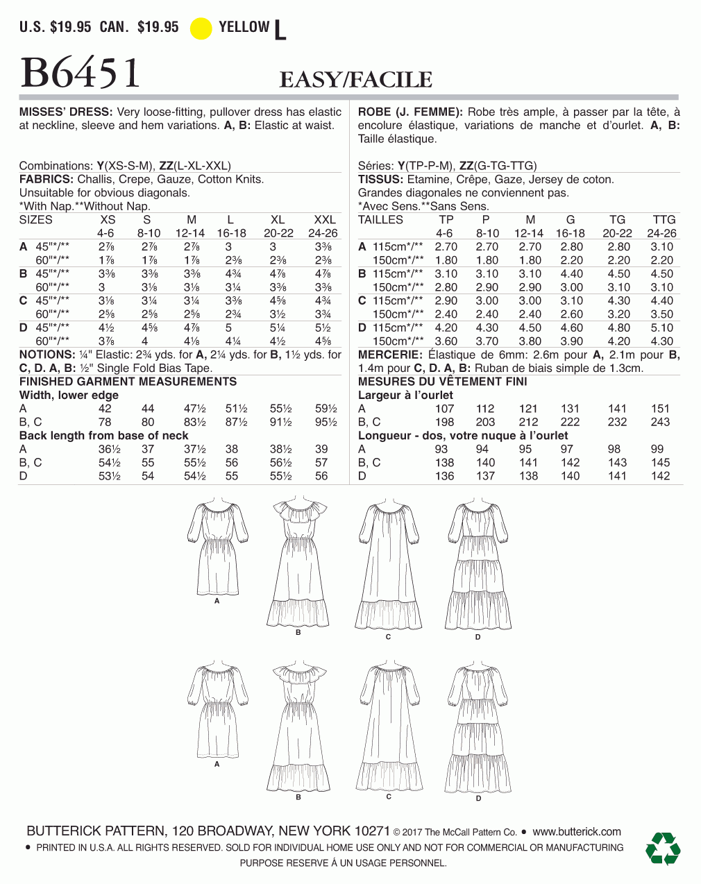 Butterick Pattern B6451 Misses' Gathered, Blouson Dresses