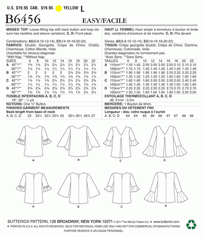 Butterick Pattern B6456 Misses' Tulip or Ruffle Sleeve Tops