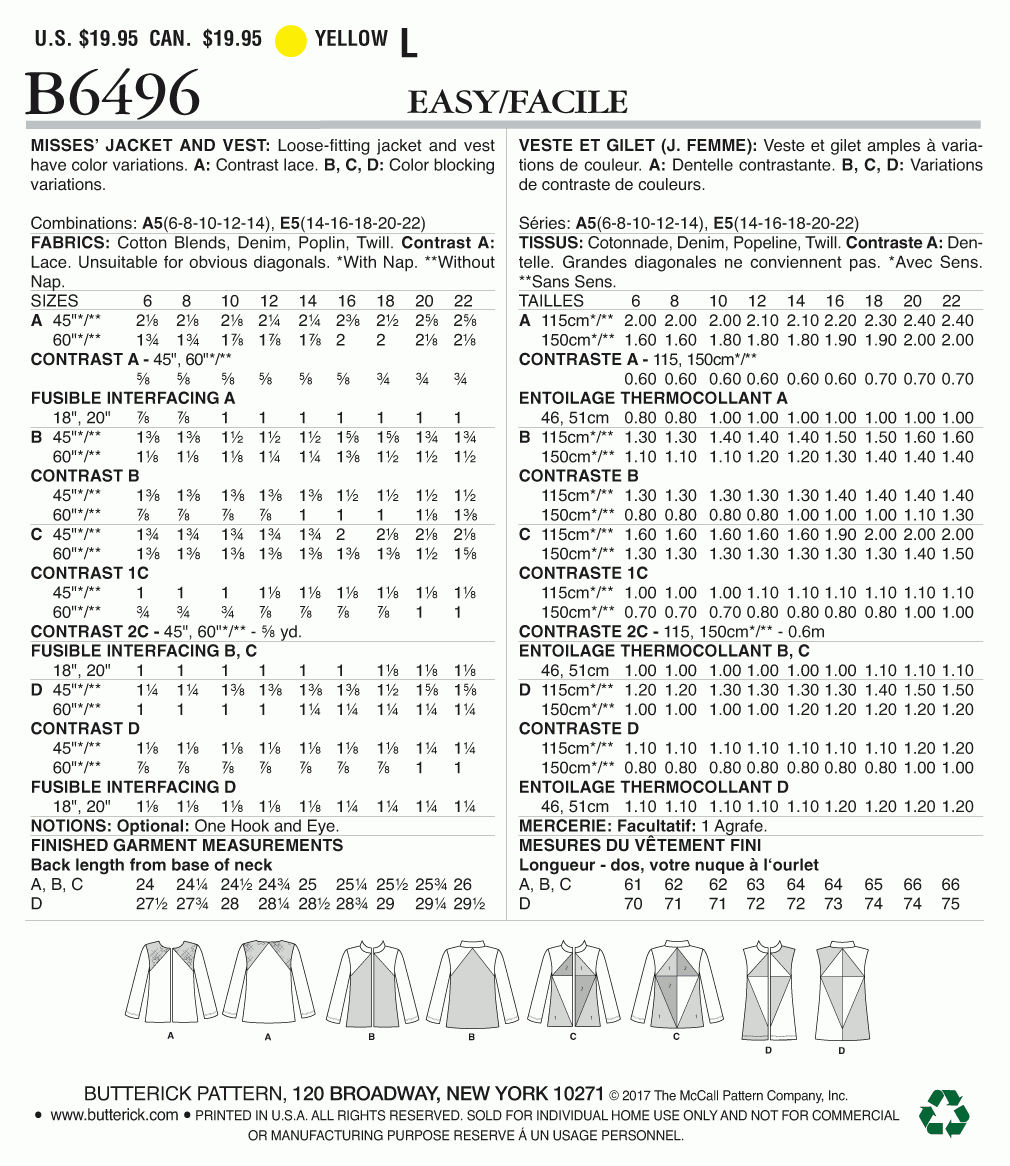 Butterick Pattern B6496 Misses' Jackets and Vests with Contrast and Seam Variations