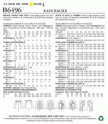 Butterick Pattern B6496 Misses' Jackets and Vests with Contrast and Seam Variations