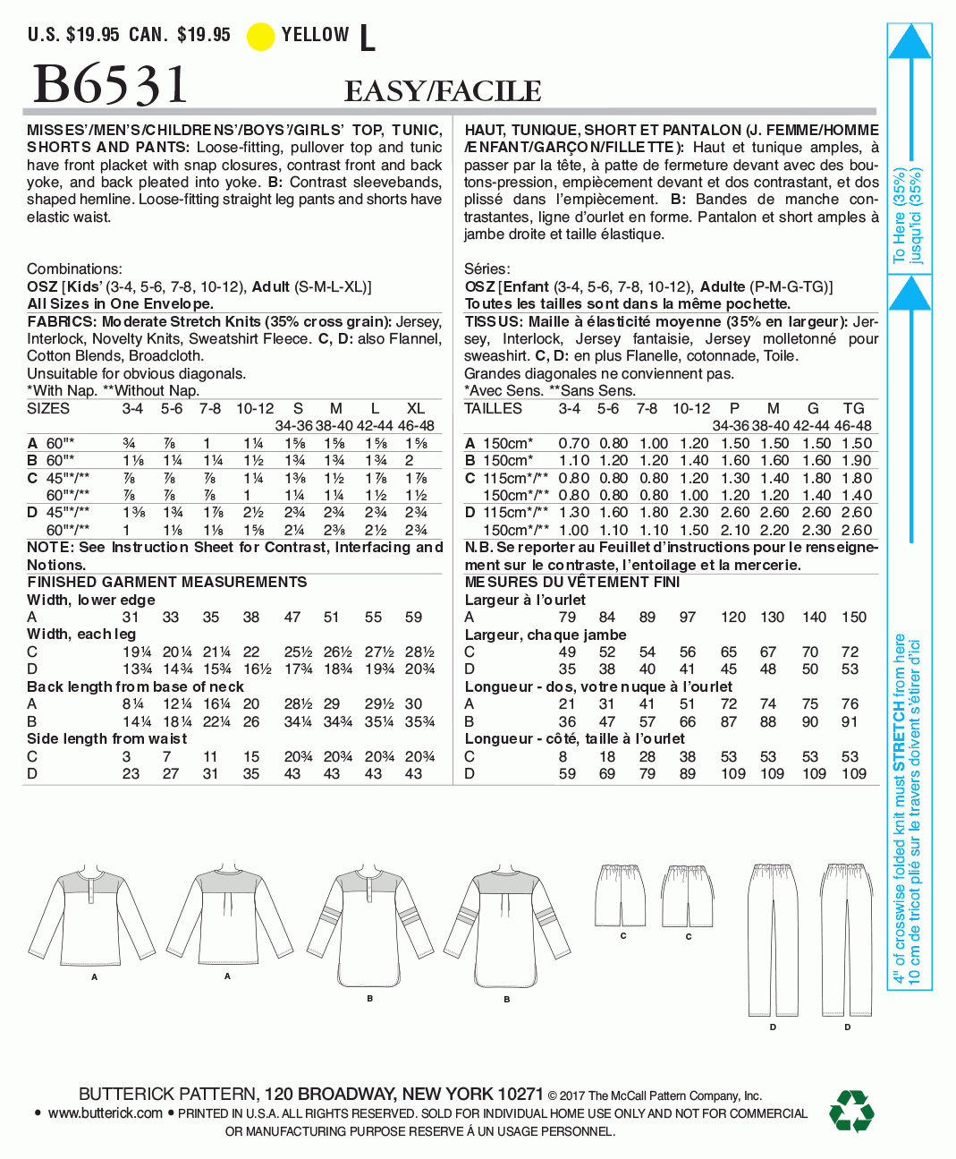 Butterick Pattern B6531 Misses'/Men's/Childrens'/Boys'/Girls' Top, Tunic, Shorts and Pants