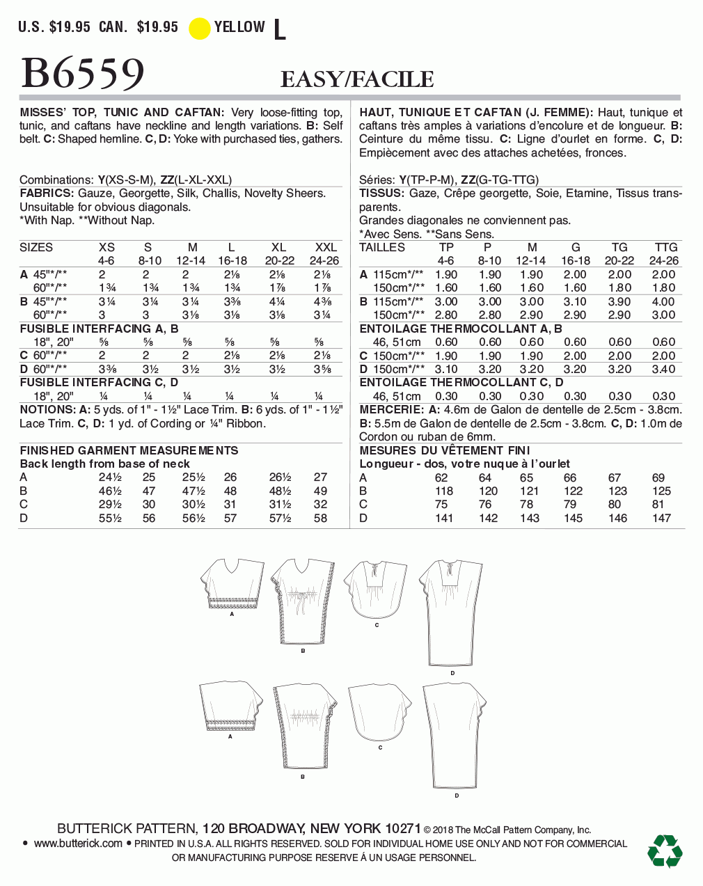 Butterick Pattern B6559 Misses' Top, Tunic and Caftan