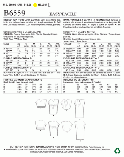 Butterick Pattern B6559 Misses' Top, Tunic and Caftan