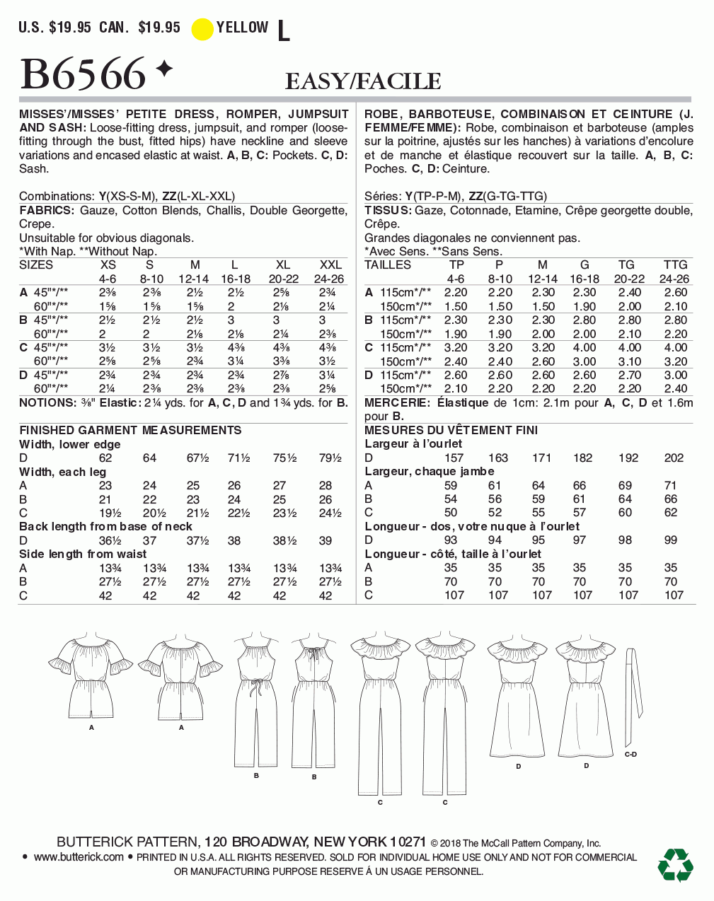 Butterick Pattern B6566 Misses'/Misses' Petite Dress,Romper, Jumpsuit and Sash