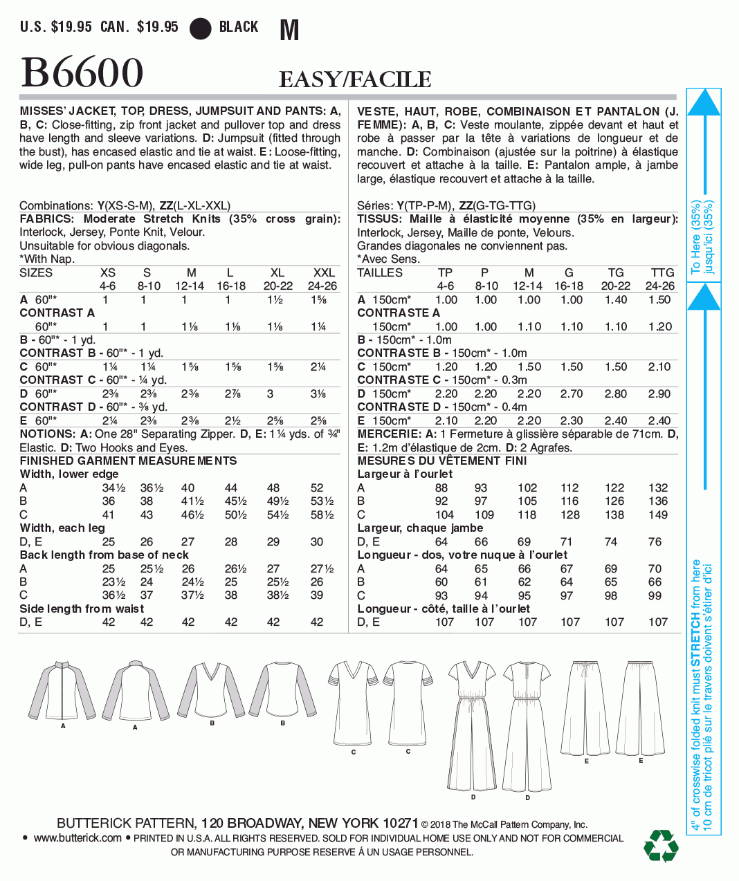 Butterick Pattern B6600 Misses' Jacket, Top, Dress, Jumpsuit and Pants