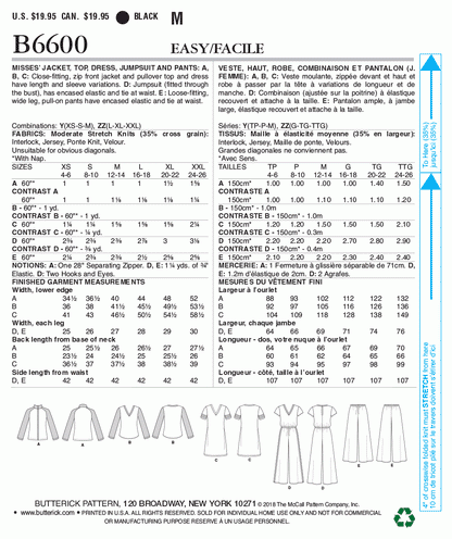 Butterick Pattern B6600 Misses' Jacket, Top, Dress, Jumpsuit and Pants