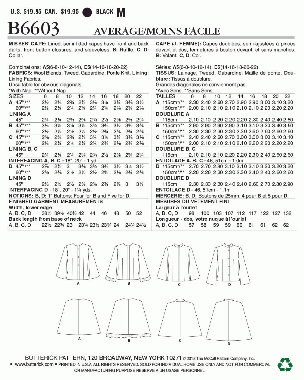 Butterick Pattern B6603 Misses' Cape