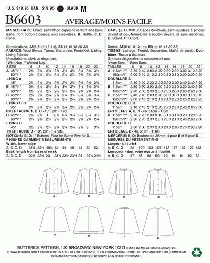 Butterick Pattern B6603 Misses' Cape