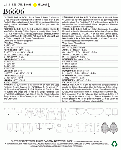 Butterick Pattern B6606 Clothes For 18" Doll