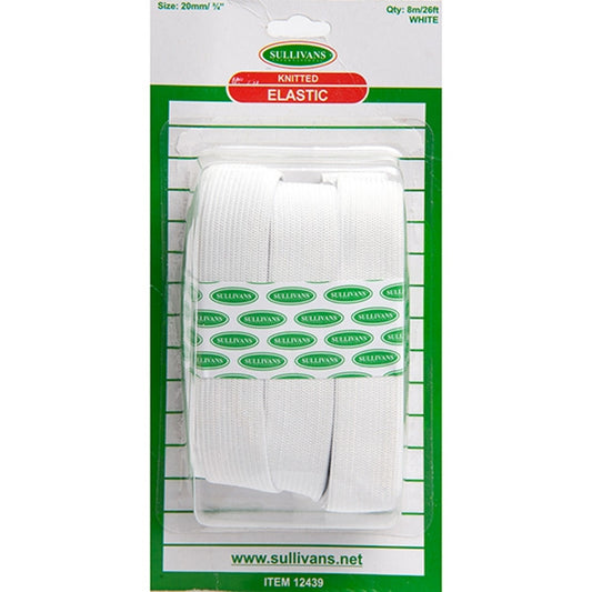 Sullivans 20mm Knitted Elastic, White- 8m