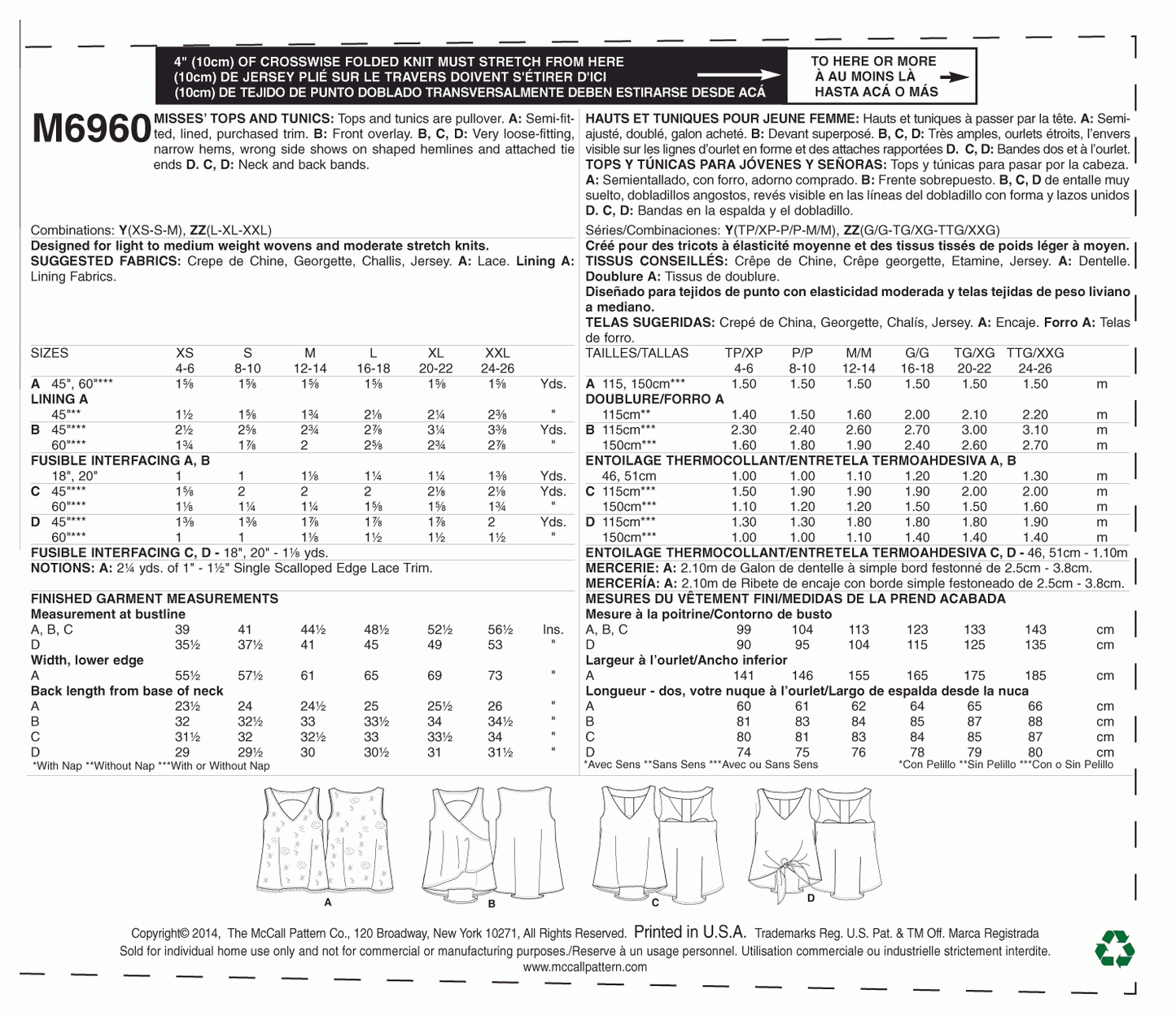 McCall's Pattern M6960 Y (XSM-SML-MED)