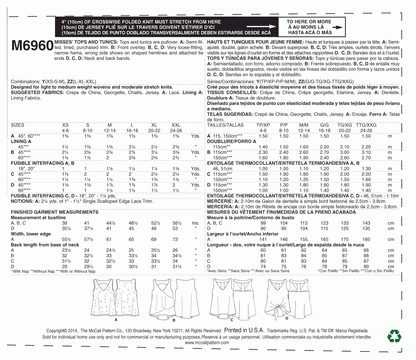 McCall's Pattern M6960 Y (XSM-SML-MED)