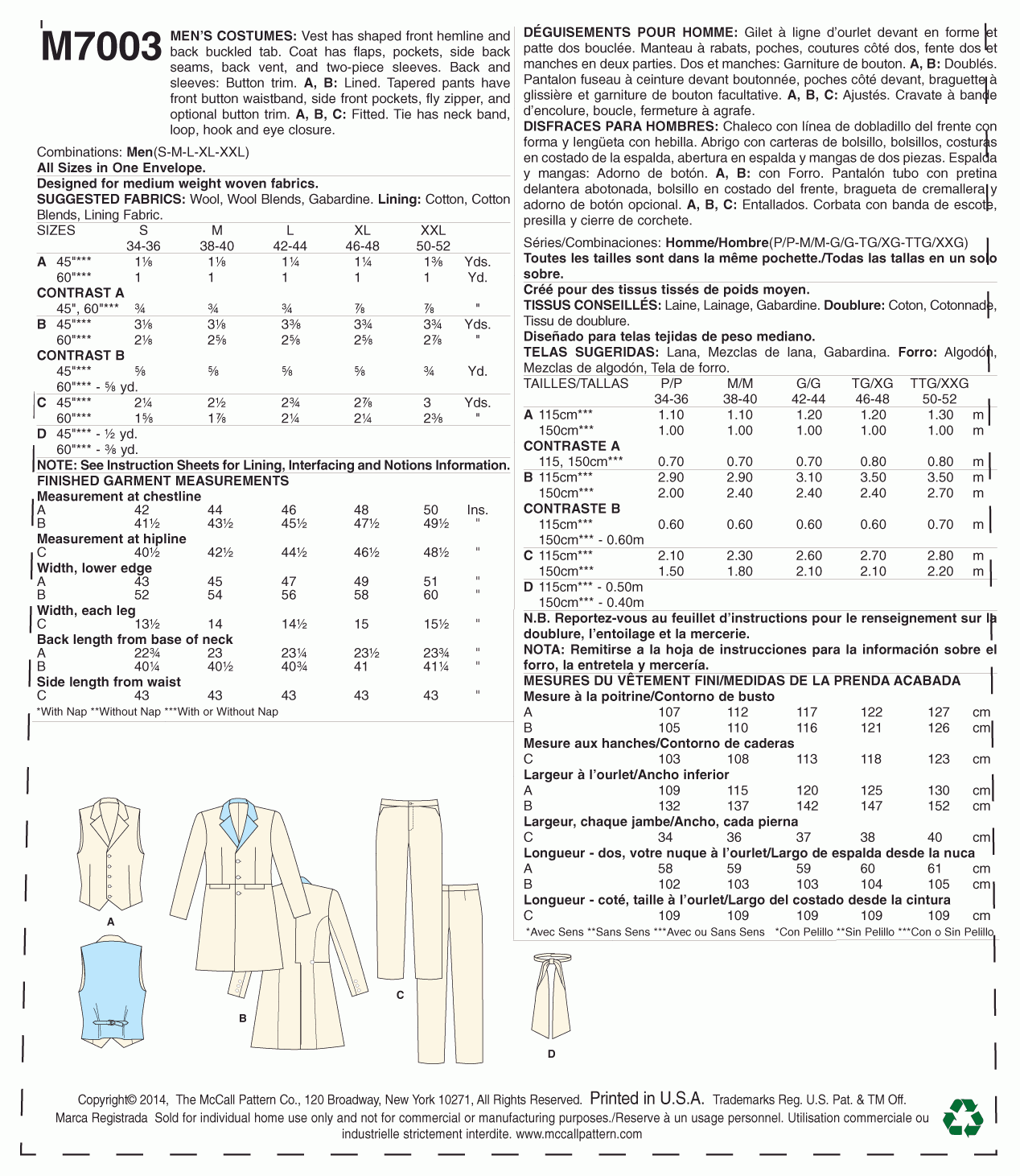 McCall's Pattern M7003 MEN [S(34-36) M(38-40) L(42-44) XL(46-48) XXL(50-52)]