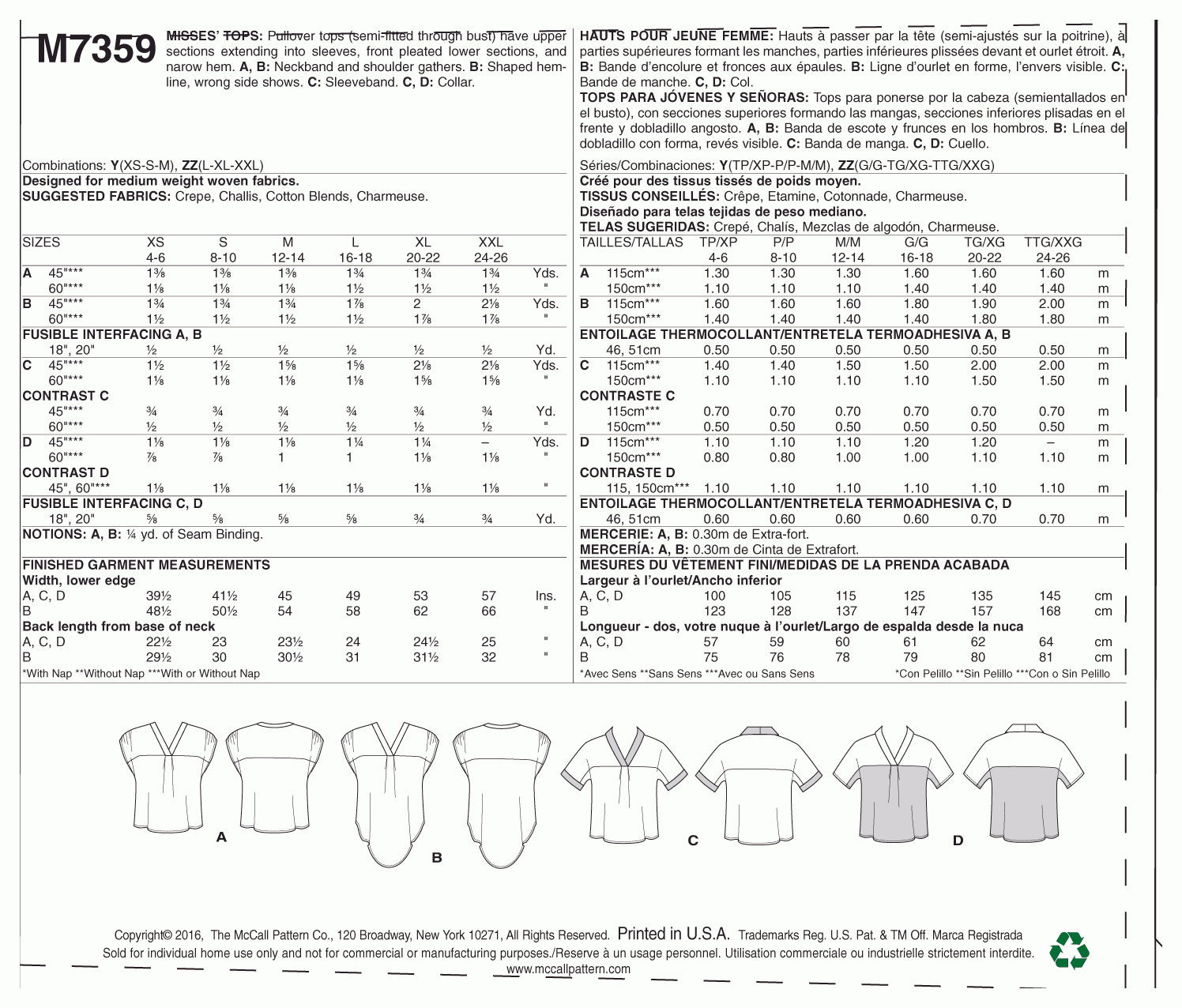 McCall's Pattern M7359 Y (XSM-SML-MED)