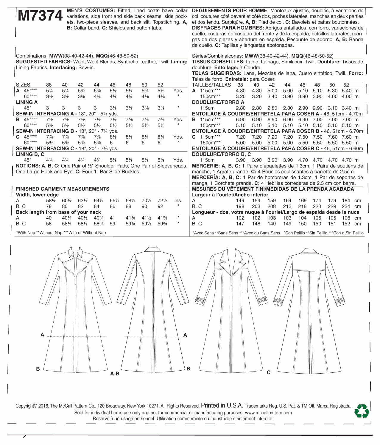 McCall's Pattern M7374 MWW (38-40-42-44)