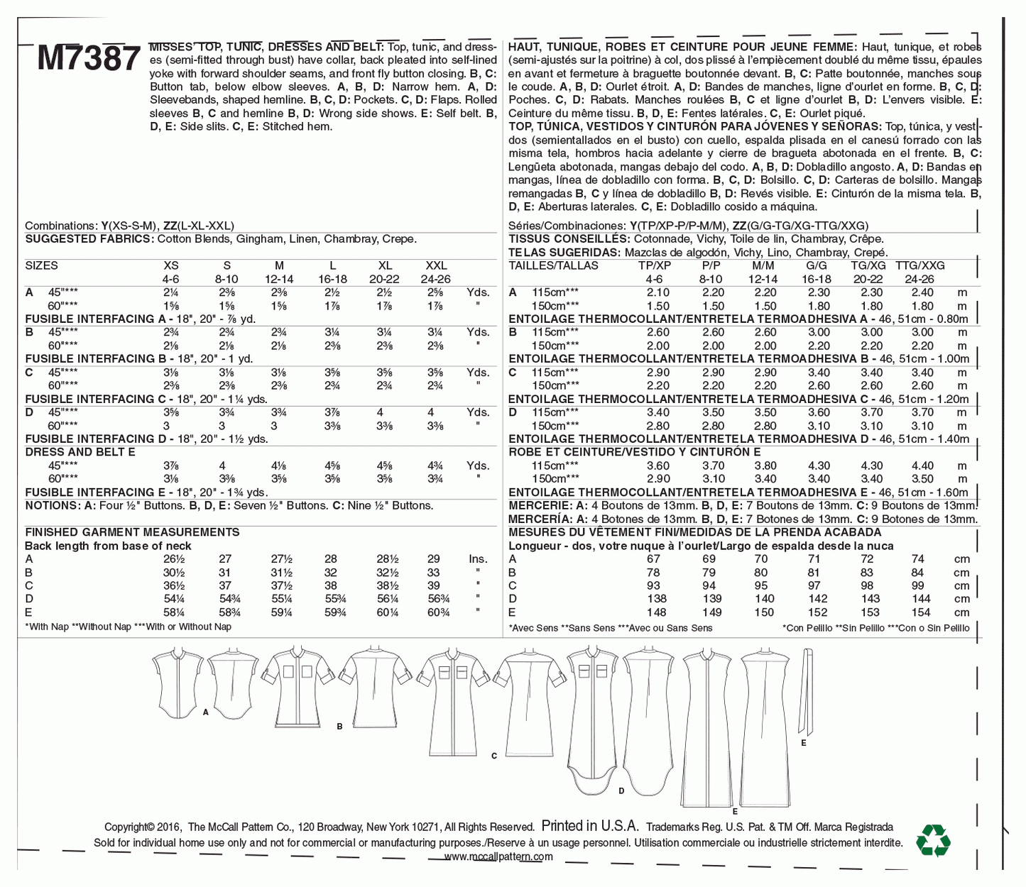 McCall's Pattern M7387 Y (XSM-SML-MED)