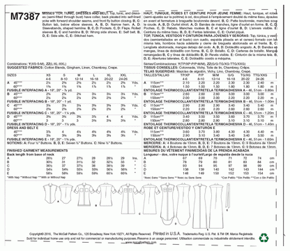 McCall's Pattern M7387 Y (XSM-SML-MED)