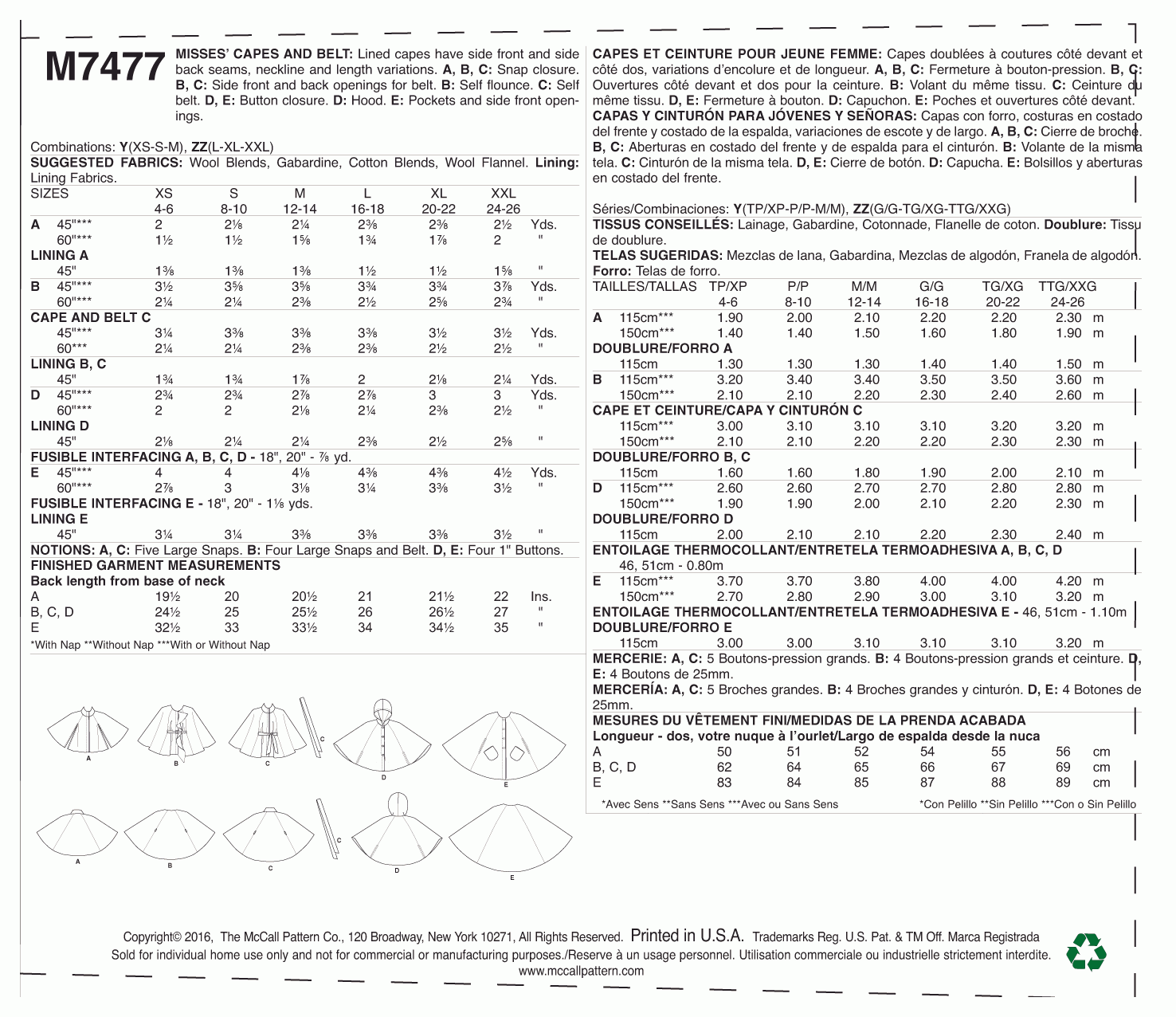 McCall's Pattern M7477 Y (XSM-SML-MED)