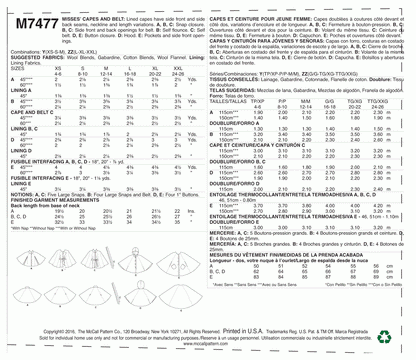 McCall's Pattern M7477 Y (XSM-SML-MED)